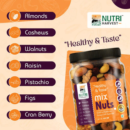 NUTRI HARVEST Premium Mixed Nuts and Dried Fruits 250g,| Almonds, Cashews, Walnuts, Pistachios, Figs, Raisins, Cran berry| Fit for fasting| Resealable jar for freshness