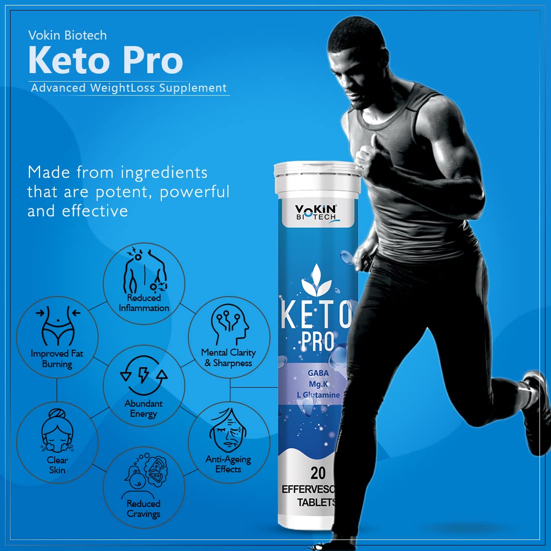 Keto Pro supplement container with a running man on a blue background