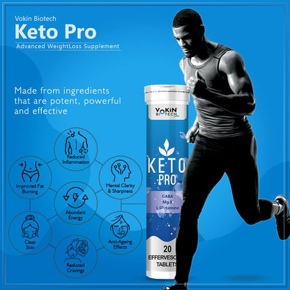 Keto Pro supplement container with a running man on a blue background