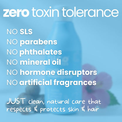 Product with 'zero toxin tolerance' text and list of ingredients on a blue background