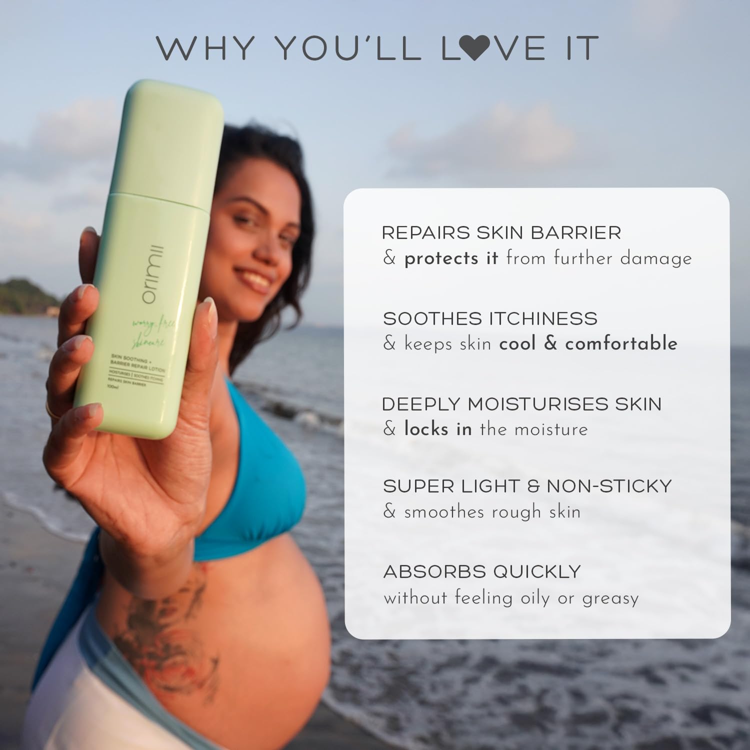 Person holding a green bottle with text about skincare benefits on a beach.