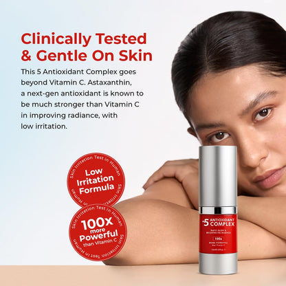 Skincare product with text about antioxidant complex and clinical testing on a light background