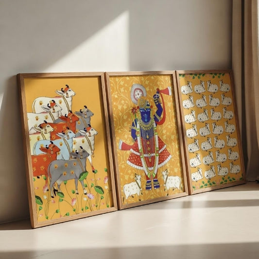 Set of 3 Krishna Pichwai Wall Art Premium MDF Wooden Color Framed HD UV Printed Traditional Indian Religious Painting for Living Room Home Decor 13.5 Inch x 19.5 Inch