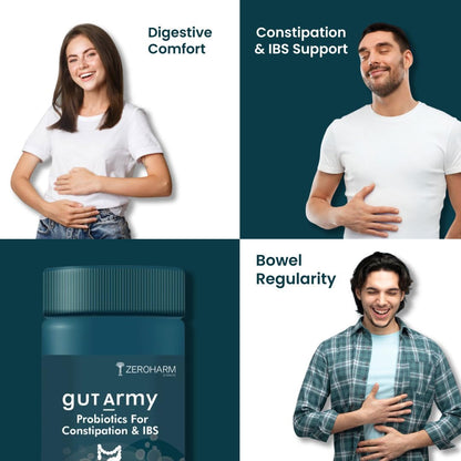 ZEROHARM Gut Army Probiotics for Constipation & IBS | 100 Billion CFU, 11 Strains | Psyllium Husk (Isabgol) & Peppermint | Gas & Bloating Relief, Digestive Comfort, Bowel Regularity | Men & Women | 60 Capsules