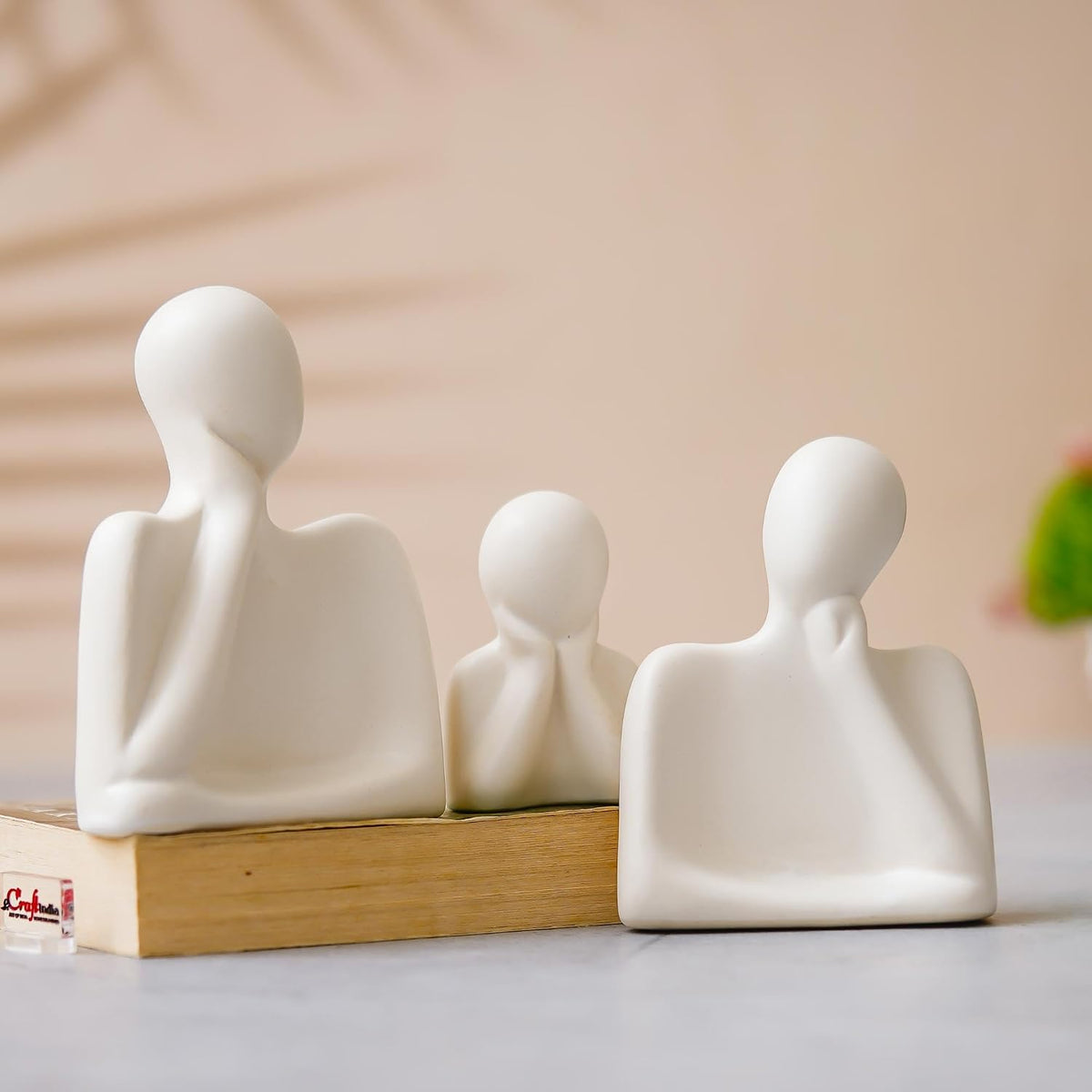 eCraftIndia Set of 3 White Ceramic Handcrafted Happy Family Statue Sculpture | Thinking Face People Figurines Home Decor Items Showpiece for Living Room Bedroom Table Shelf TV Unit | Gift for Birthday
