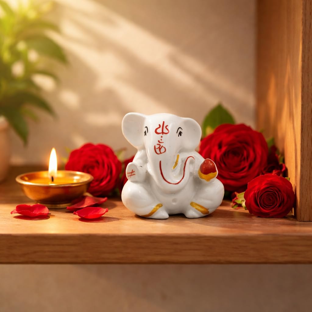 Resin Lord Ganesha Idol Car Dashboard 5x5cm (Creamy White)