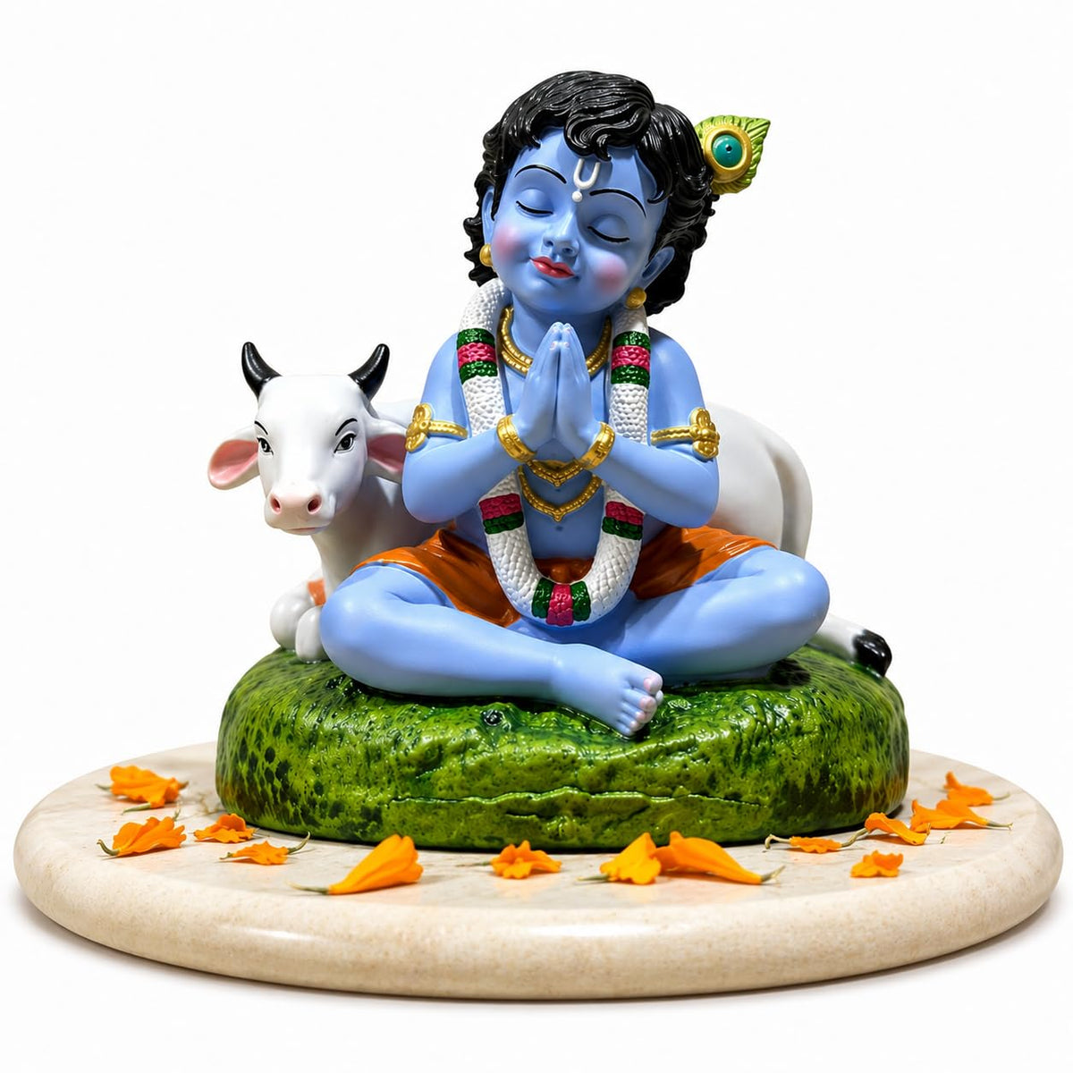 Handcrafted Laddu Gopal Krishna Idol with Cow – Polyresin Bal Krishna Murti for Home Temple, Pooja Room, Car Dashboard, Office Desk, Janmashtami, Housewarming & Spiritual Gift, 8 cm
