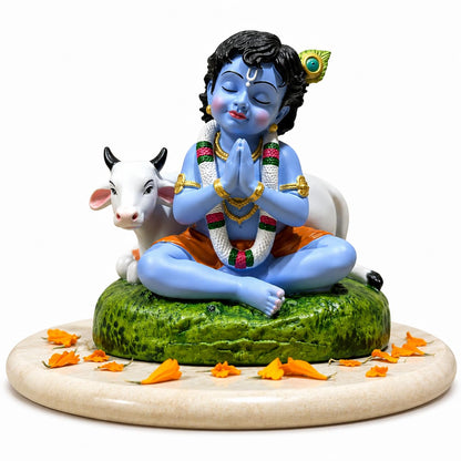 Handcrafted Laddu Gopal Krishna Idol with Cow – Polyresin Bal Krishna Murti for Home Temple, Pooja Room, Car Dashboard, Office Desk, Janmashtami, Housewarming & Spiritual Gift, 8 cm