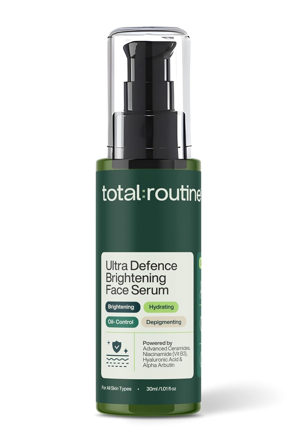 Total Routine Ultra Defence Brightening Face Serum bottle on a white background
