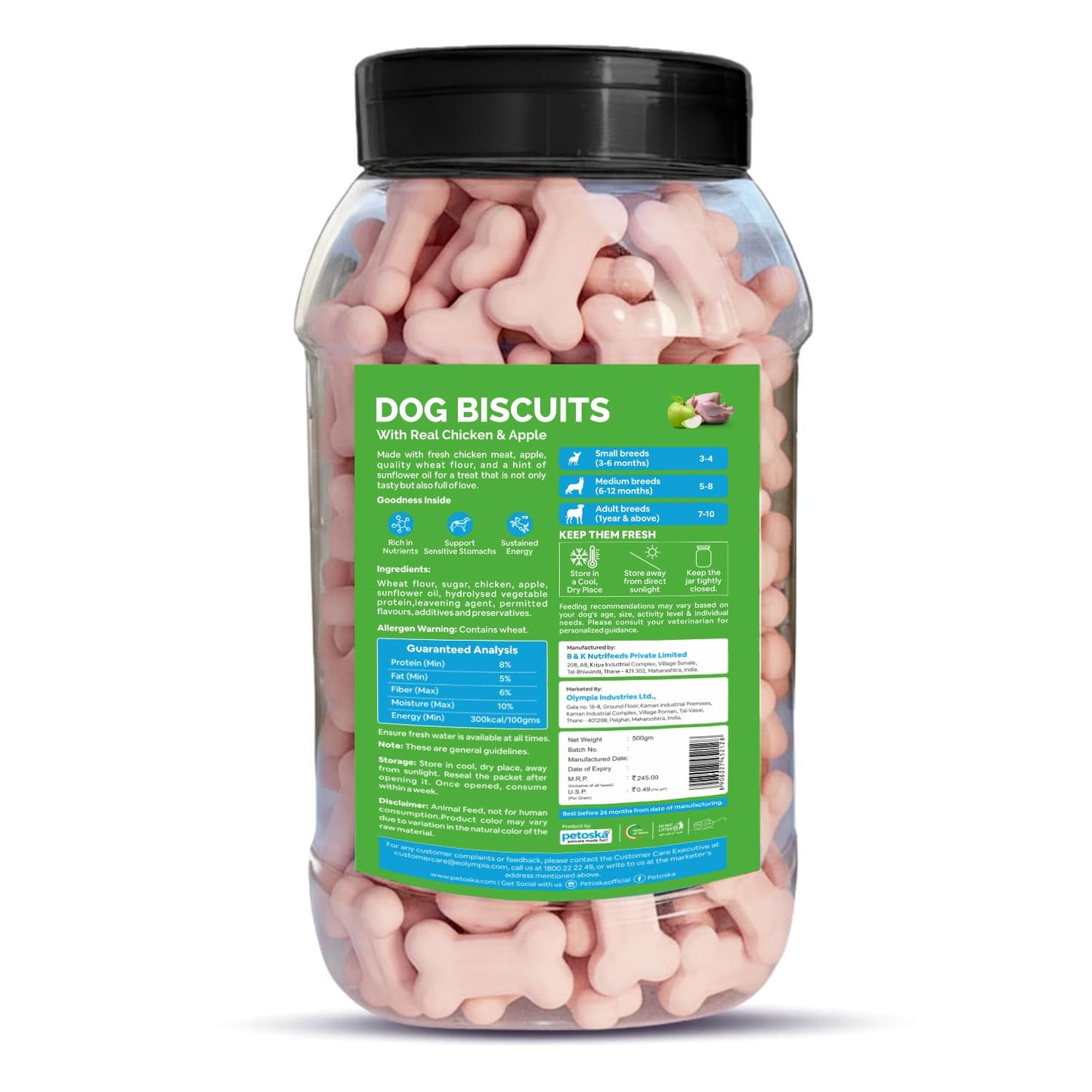 Petoska Chicken & Apple Dog Biscuits | 500g Jar | Made with Real Chicken & Apple | Crunchy Treats for Small, Medium & Large Dogs | 300 kcal/100g | Complementary Dog Food
