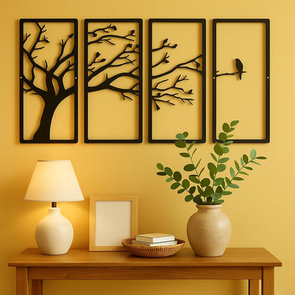 Modern 4-Piece Tree Wall Art Panel Set | Branch & Birds Design | MDF Wooden Wall Hanging | 3D Matte Finish | Items For Living Room/Bedroom/Drawing Room/Dining Room | 40x22 cm Each - Black