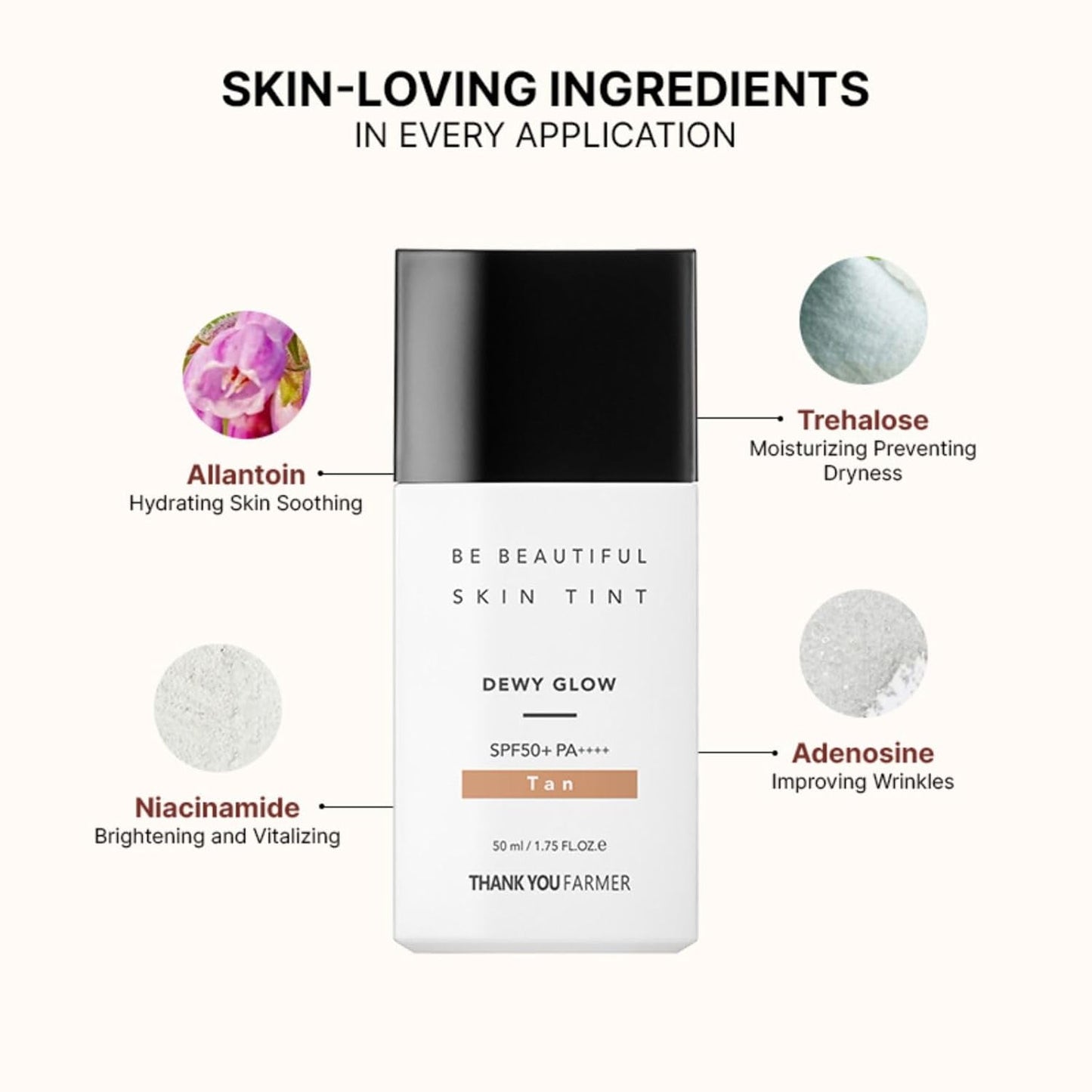 THANKYOU FARMER Be Beautiful Skin Tint (Tan) 3-in-1 Hydrating Tinted Moisturizer, Primer & SPF50+ Sun Protection, Lightweight Daily Base Makeup, Natural Sheer Coverage, Even Skin Tone, Breathable, Dewy Finish for All Skin Types (50ml)