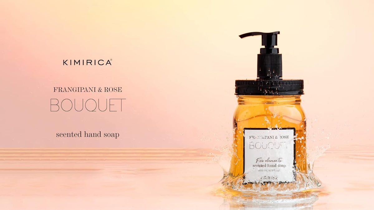 Hand soap bottle with pump dispenser on a gradient background, featuring the brand 'KIMIRICA'.