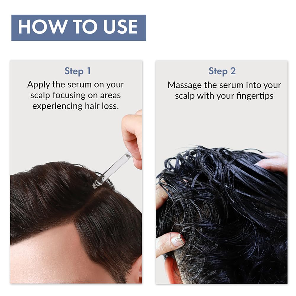 Instructions on how to use a hair serum with close-up images of application.