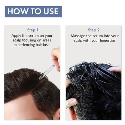 Instructions on how to use a hair serum with close-up images of application.