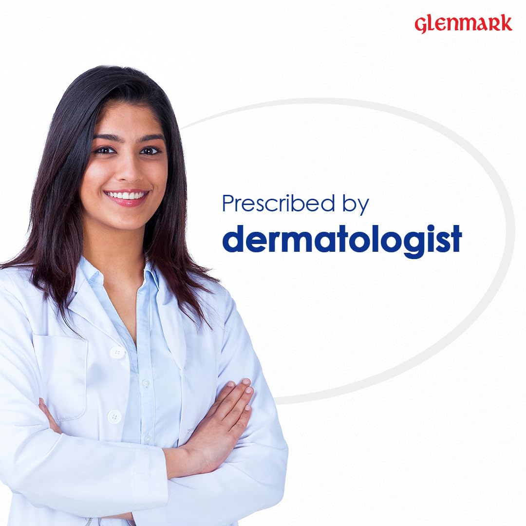Woman with crossed arms on a white background with 'glenmark' branding and text 'Prescribed by dermatologist'.