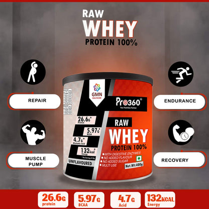 Pro360 Raw Whey Protein 100% - Unflavored - 400gm (100% Whey with Digestive Enzymes, 26.6g Protein, 5.97g BCAA, 4.7g Glutamic Acid per Serving)