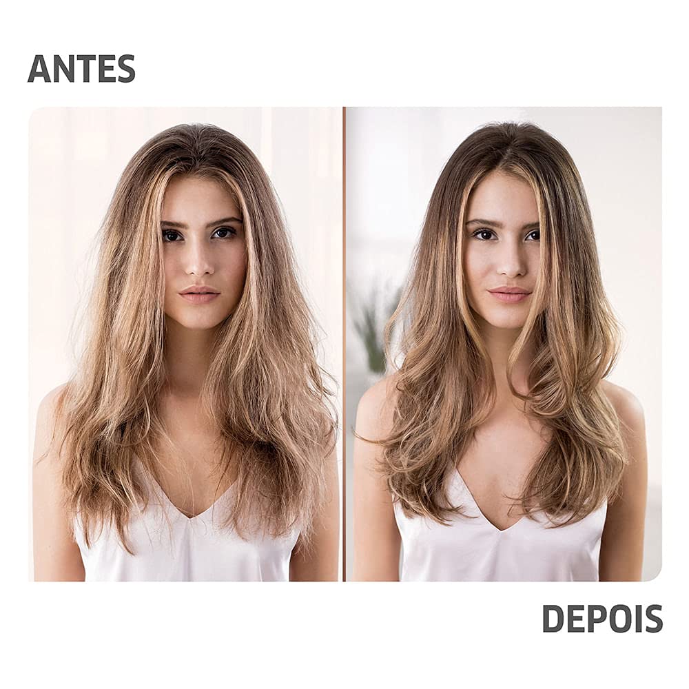 Before and after comparison of a woman with long hair, labeled 'Antes' and 'Depois'.