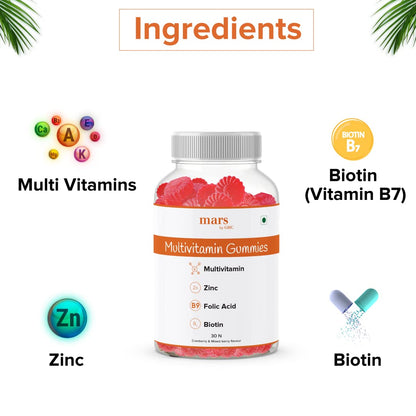 Mars by GHC Multivitamin Gummies - 100% Vegan, 30 Gummies (Pack of 1) | Folic Acid - Supports Biotin, Controls Hair Fall, Enhances Nourishment | Promotes Healthy Skin & Improves Scalp Conditions