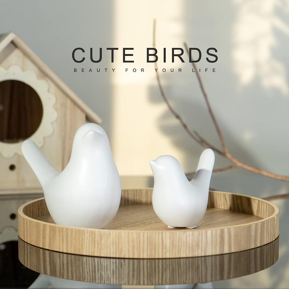 Ceramic Bird Figurines Set of 2 (3.5 Inch) | Decorative Bird Showpiece for Home Decor | Tabletop Bird Statue for Living Room, Bedroom, Office, Shelf & Bookshelf | Snowy Symphony, White