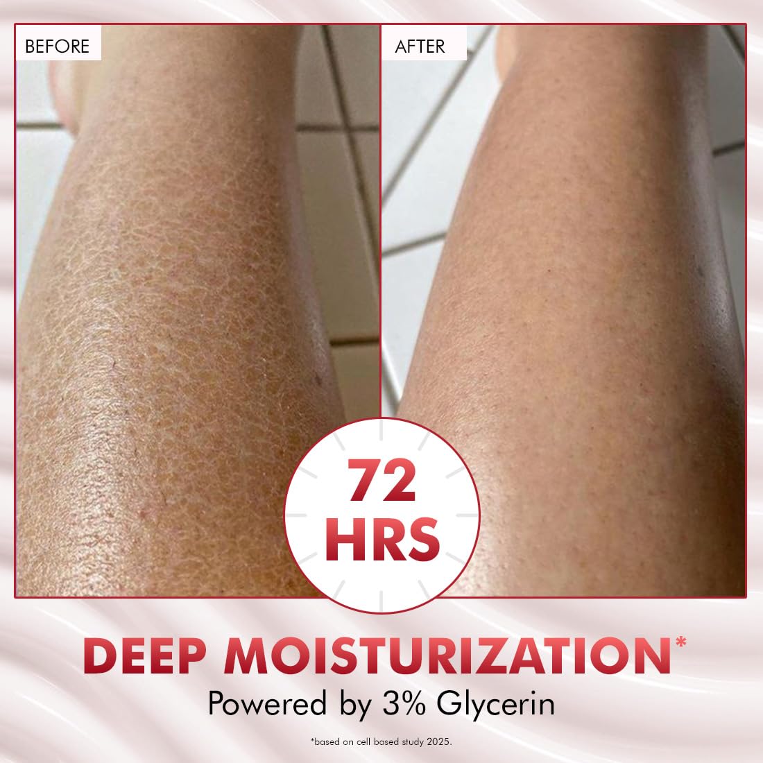 Before and after comparison of legs with deep moisturization product, showing 72 hours of effect.