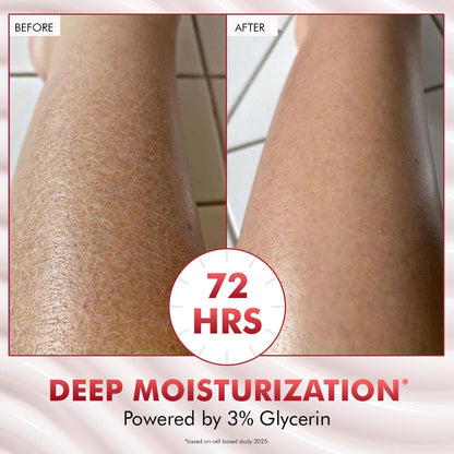 Before and after comparison of legs with deep moisturization product, showing 72 hours of effect.