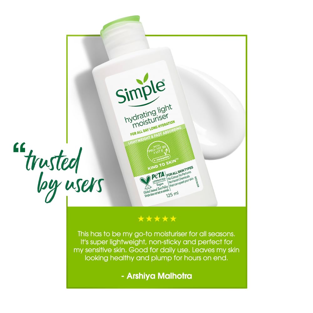 Simple Hydrating Light Moisturiser, 125ml | 12HR Hydration | With Niacinamide, Pro-Vitamin B5, Strengthens Skin Barrier| Lightweight, Non-Greasy Moisturizer | For Soft, Smooth Skin