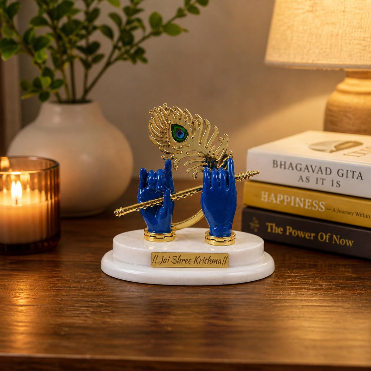 Krishna Flute Showpiece for Car Dashboard – Jai Shree Krishna Decorative Idol with Mor Pankh, Spiritual Dashboard Decor for Home Temple, Office Desk, Vastu Gift Item