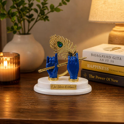 Krishna Flute Showpiece for Car Dashboard – Jai Shree Krishna Decorative Idol with Mor Pankh, Spiritual Dashboard Decor for Home Temple, Office Desk, Vastu Gift Item