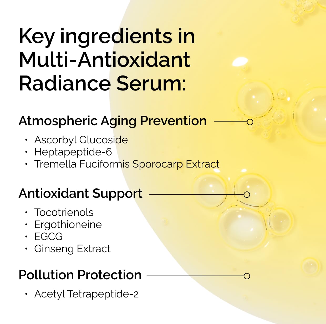 Multifaceted serum with key ingredients labeled on a white background