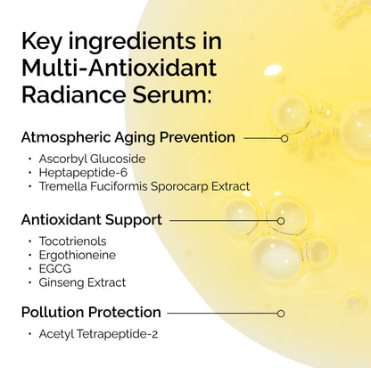 Multifaceted serum with key ingredients labeled on a white background