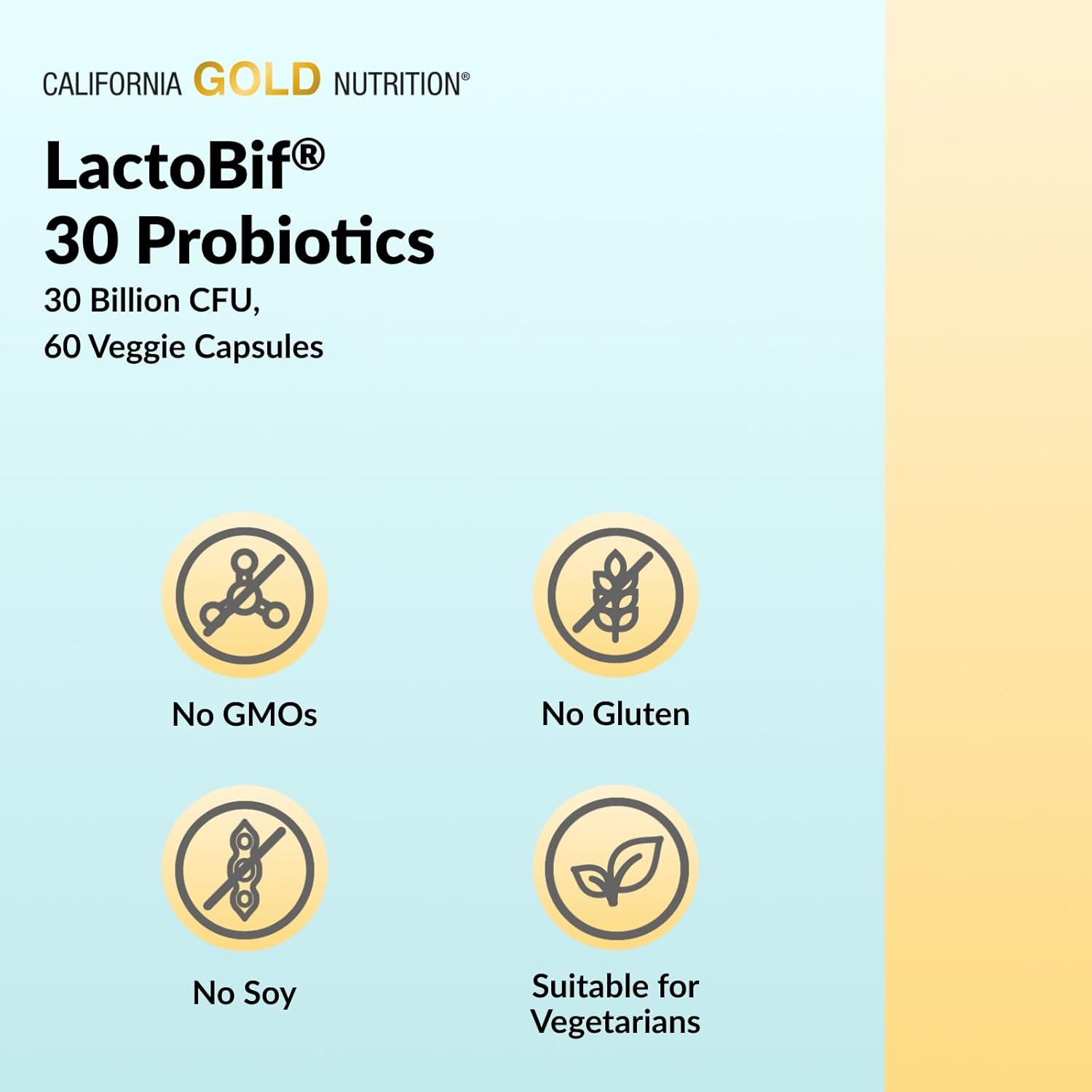 California Gold Nutrition LactoBif 30 Probiotics packaging with icons indicating no GMOs, gluten, soy, and vegetarian suitability.