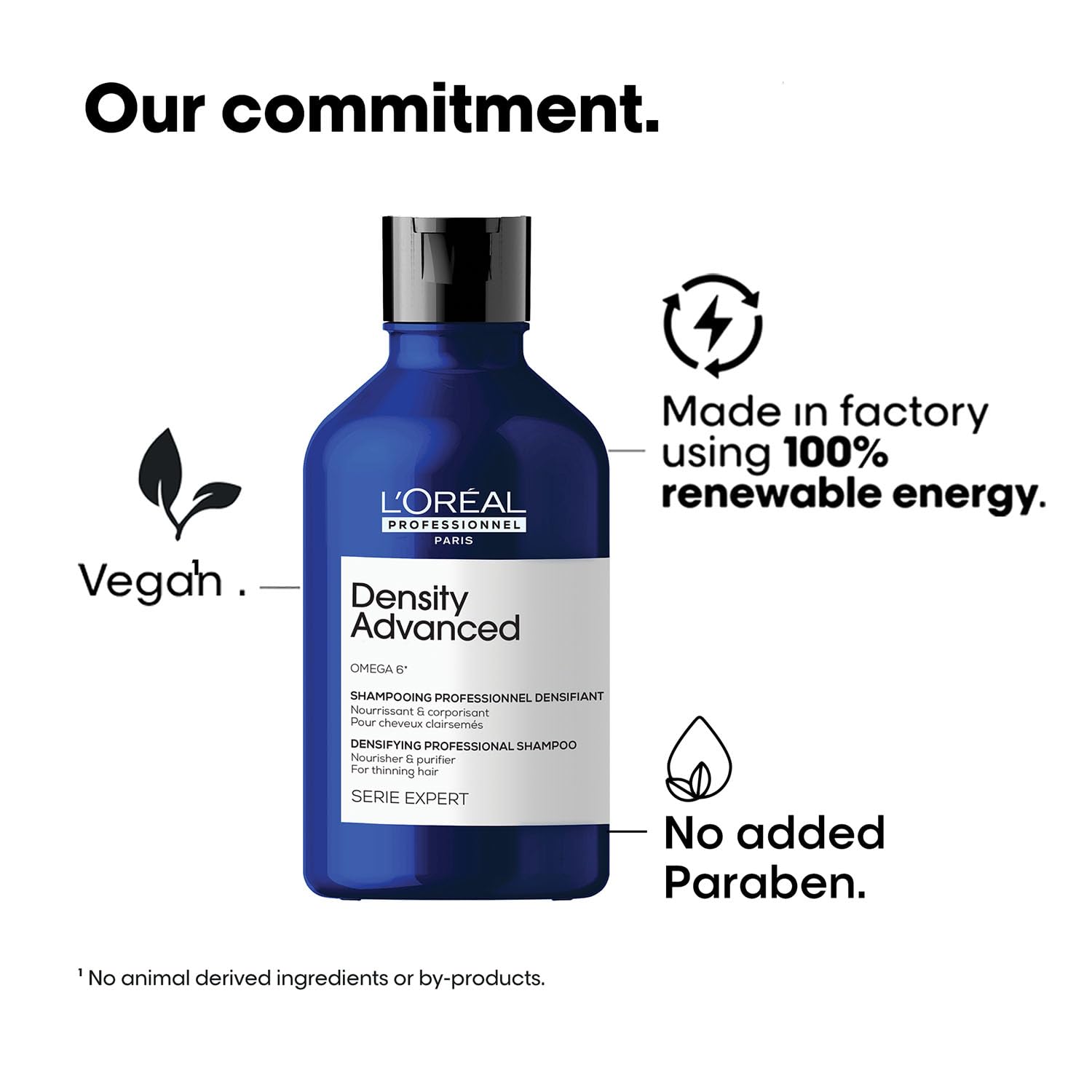 L'Oreal Density Advanced shampoo bottle with sustainability features on a white background