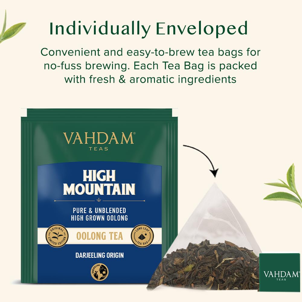 VAHDAM, High Mountain Oolong Tea Bags (15 Count) Non-GMO, Gluten-Free | Naturally High Grown Oolong Tea Leaves - Light & Floral | Individually Wrapped Pyramid Tea Bags | Direct from Source