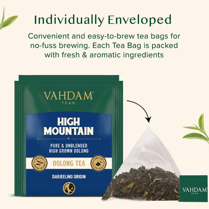 VAHDAM, High Mountain Oolong Tea Bags (15 Count) Non-GMO, Gluten-Free | Naturally High Grown Oolong Tea Leaves - Light & Floral | Individually Wrapped Pyramid Tea Bags | Direct from Source