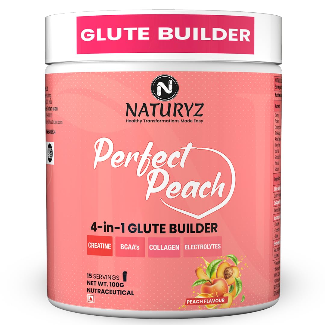 Naturyz Glute Builder supplement container in Perfect Peach flavor on a white background