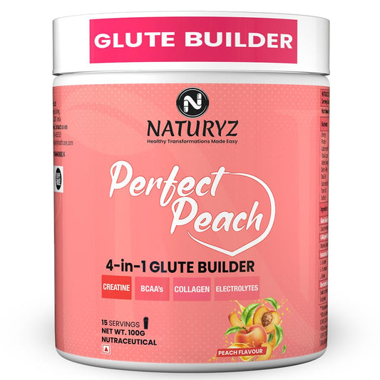 Naturyz Glute Builder supplement container in Perfect Peach flavor on a white background