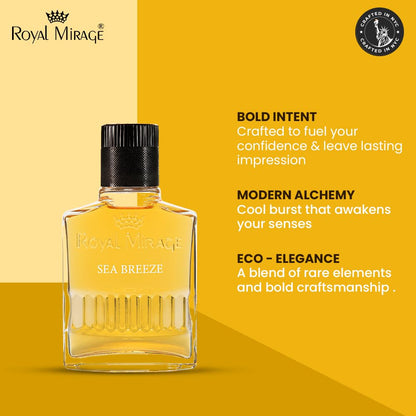 Royal Mirage Sea Breeze perfume bottle on a yellow background with brand description text.