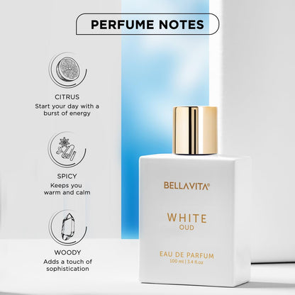 Bellavita White Oud perfume bottle with notes on a white background