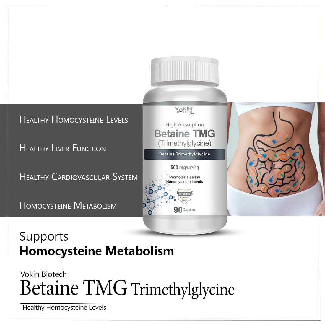 Betaine TMG supplement bottle with health benefits listed on a white background