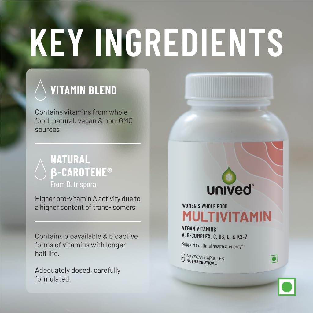 Zephivo  Unived Wholefood Multivitamin for Women | Vegan Plant-Based Multivitamins A, B-Complex, C, D3, E, & K2-7| Natural, Wholefood Plant Based, & Vegan | 60 Capsules
