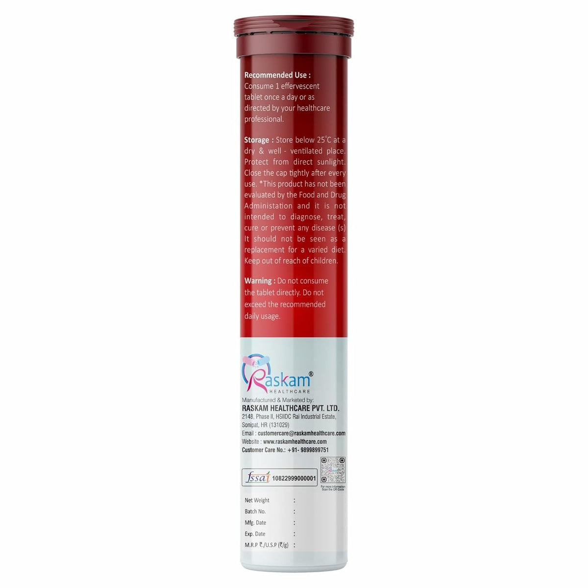 Red and white cylindrical container with text on a white background