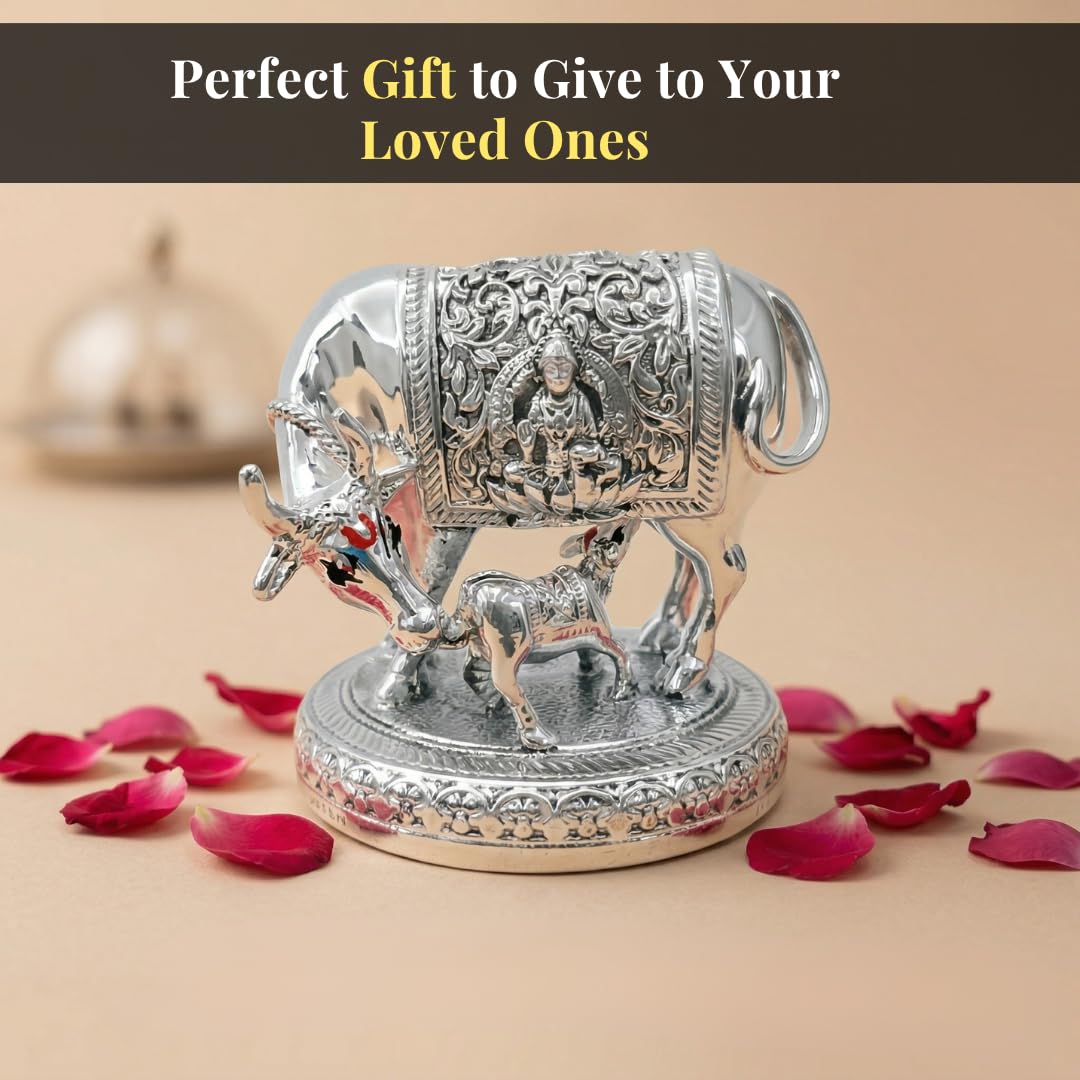 Dev Aastha 999 Pure Silver Plated Kamdhenu Cow Idol | 2.5 inch Vastu Home Decor for Pooja Room & Mandir | Symbol of Prosperity & Abundance | Ideal Religious & Spiritual Gift