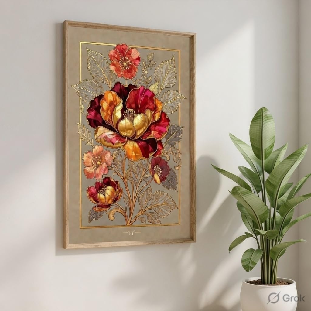 Golden Floral Wall Painting with Wooden Frame | Luxury Flower Artwork HD Wall Decor | Elegant Botanical Wall Art for Living Room Bedroom Office Home Decoration 13.5 Inch x 19.5 Inch