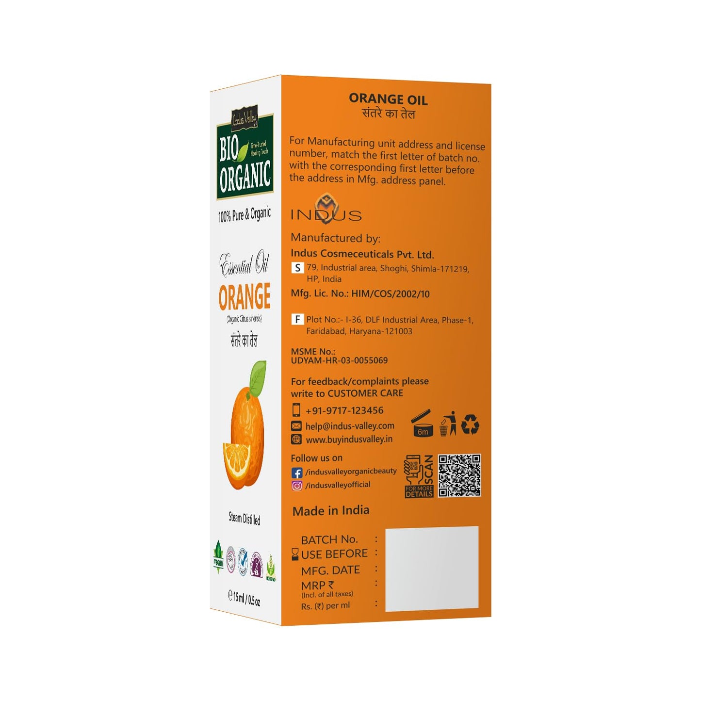 Box of Bio-Organic Orange Oil with branding and product details on a white background