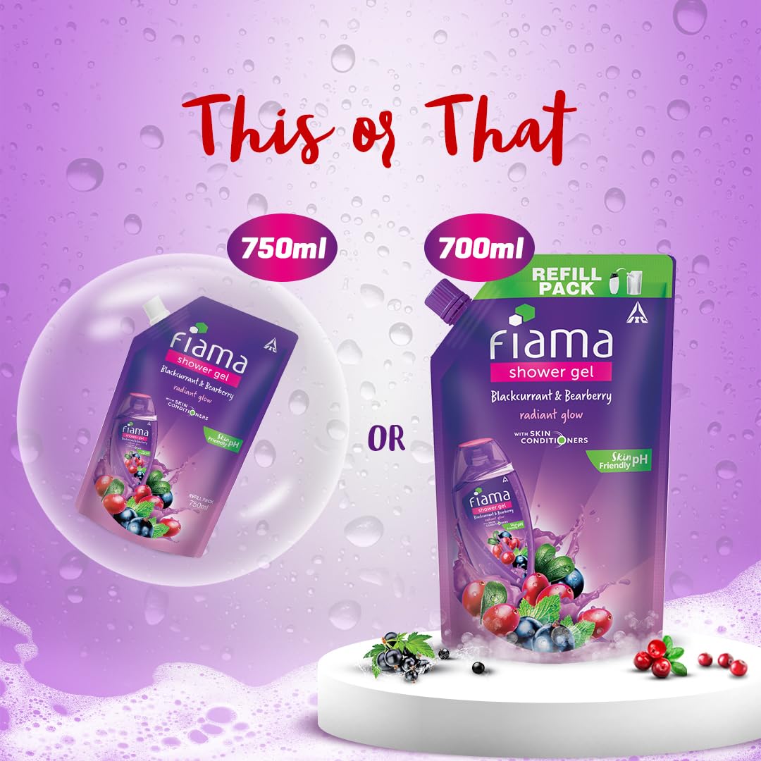 Fiama Blackcurrant & Bearberry Shower Gel 700ml, Bodywash Refill Value Pouch for Women & Men, With Skin Conditioners for Radiant Glow