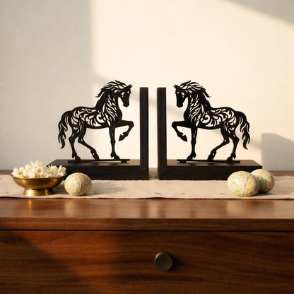 eCraftIndia Wooden Book End with Horse Statue for Good Luck Showpiece for Home Decor Office Table | Gift for Housewarming Birthday