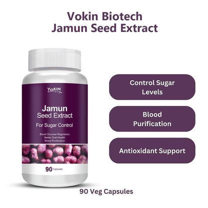 Vokin Biotech Jamun Seed Extract bottle with purple label on a white background