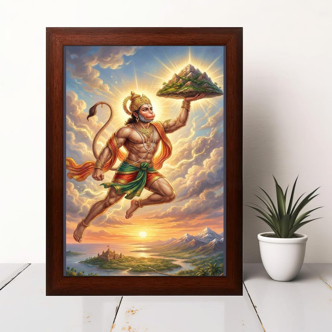 Hanuman Carrying the Sanjeevani Mountain Wall Art | Brown Frame | 10 x 13.5 Inch