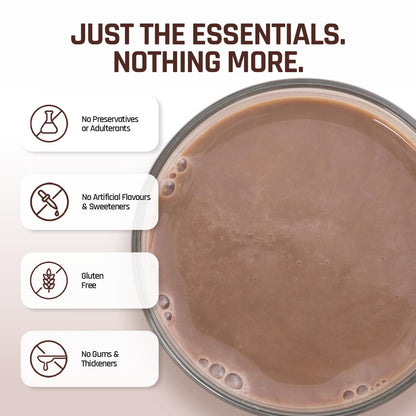 Chocolate beverage with health benefits listed on a beige background